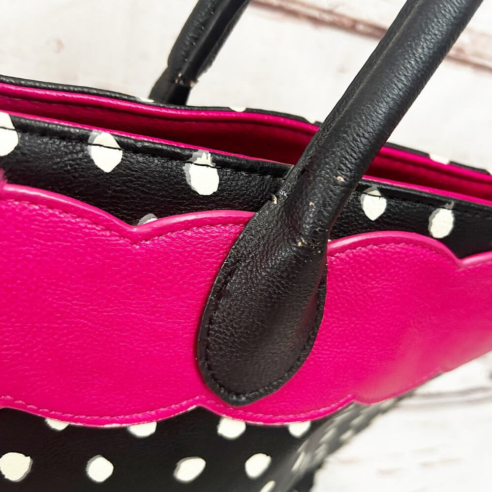 BETSEY JOHNSON Black White Polka Dot Tote Bag Pink Scalloped Trim Bow Large - Picture 6 of 12